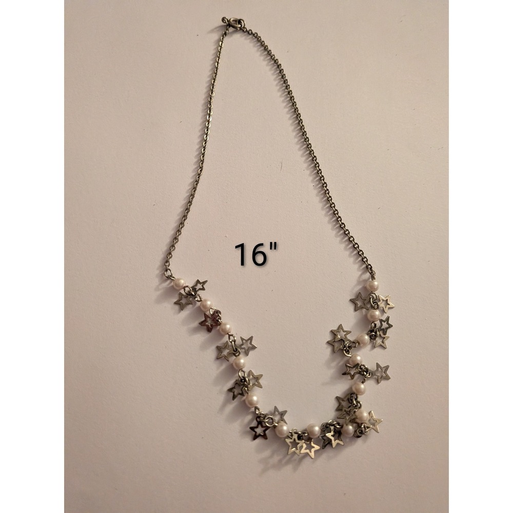 Silver Star and Faux Pearl Celestial Charm Necklace 16 Inch‎ Link Chain